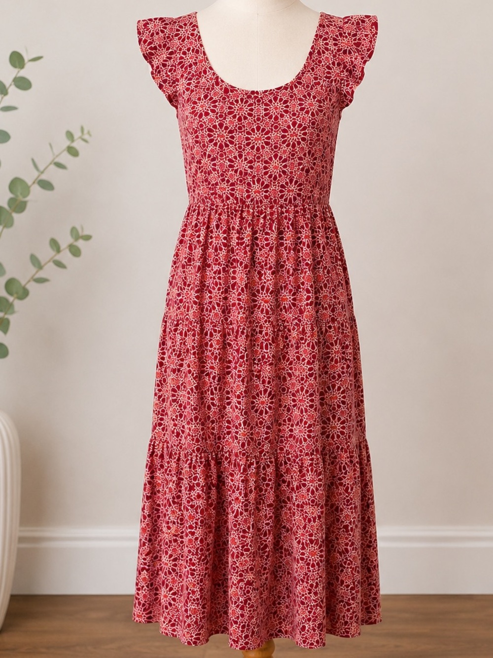 dip Red Floral Tiered Dress with Ruffle Shoulders